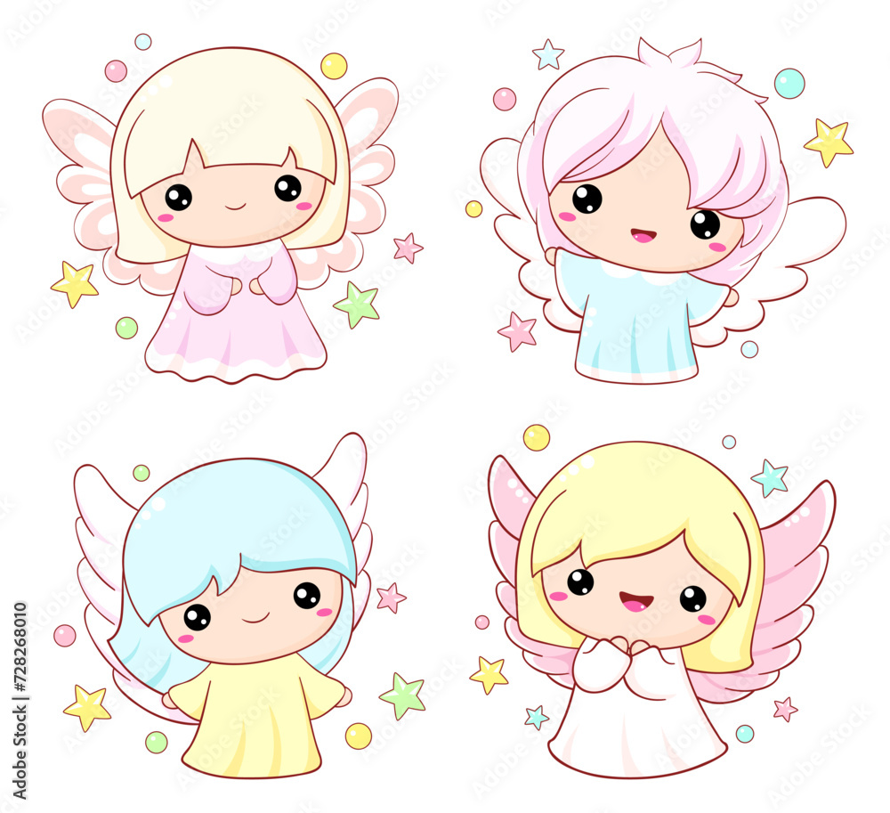 Cute cartoon Christmas angels set. Collection of Easter angel in kawaii style. Little baby in angel costume. Vector illustration EPS8