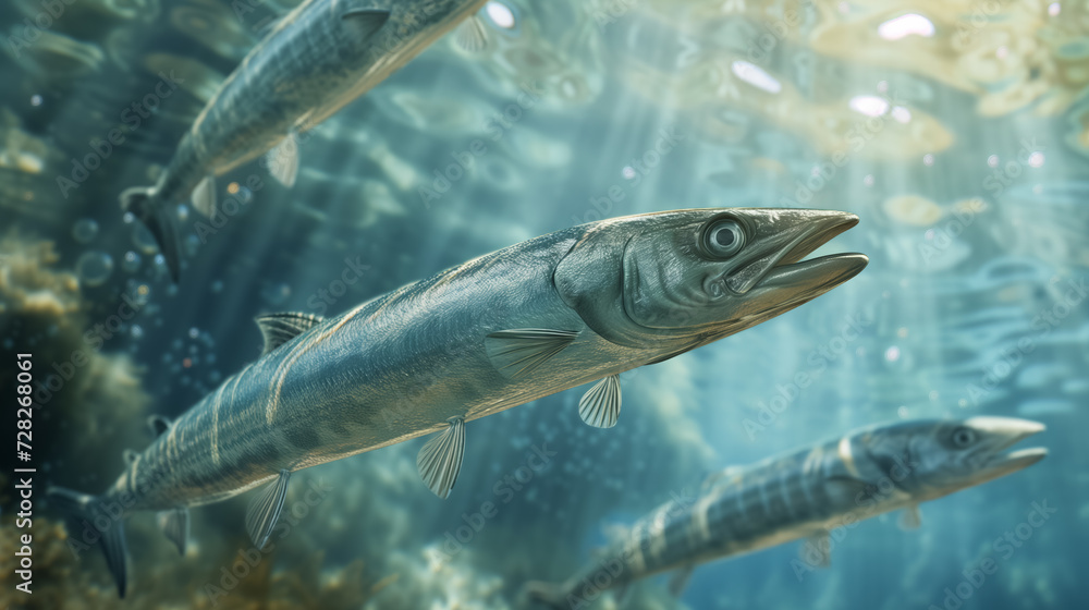 Barracudas swim in a sunlit underwater scene. Barracudas swim in a sunlit underwater scene.