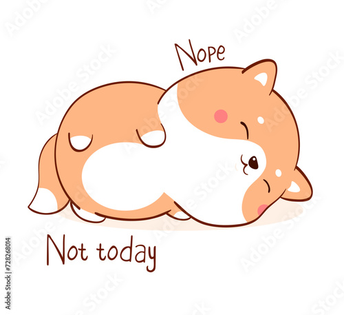 Square card with a lying lazy dog and inscription Nope Not today. Funny sleeping fat shiba inu puppy in kawaii style. Vector illustration EPS8