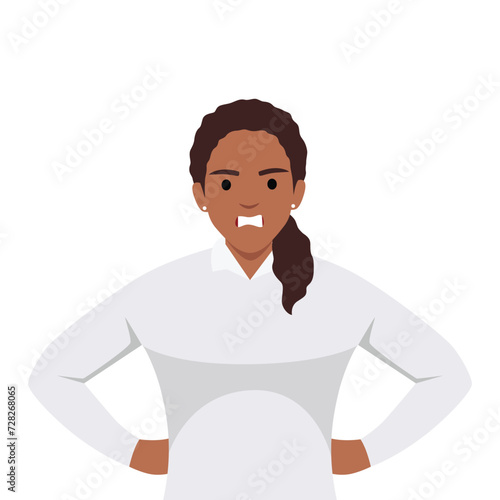 Offended woman sulking and expressing angry emotion. Frustrated female character with unhappy face expression with hands on hips. Flat vector illustration isolated on white background