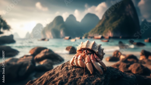 Hermit crab on the rock in the background of the sea and mountains photo