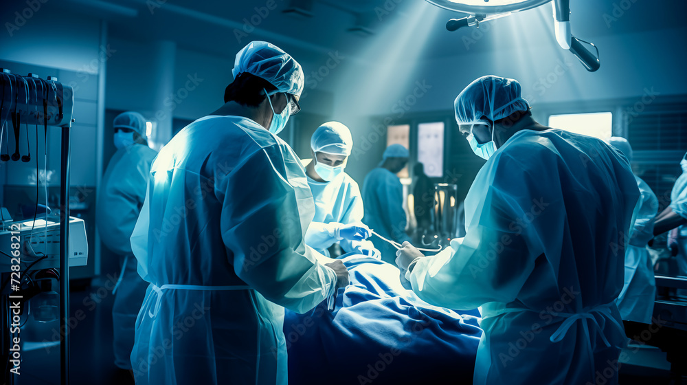 A dedicated surgical team in scrubs intensely focused on a patient during a life-saving operation in a modern hospital. A dedicated surgical team in scrubs intensely focused on a patient during a life-saving operation in a modern hospital.