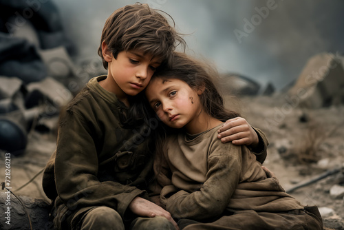 Two young children embrace amidst the desolation of a war-torn environment, a poignant moment of comfort and hope.