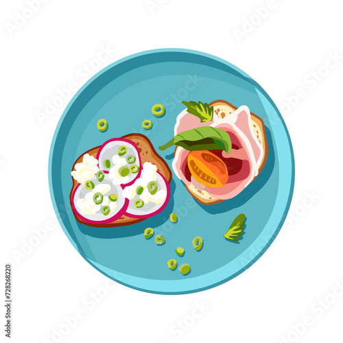 Vegetarian bruschetta and fish sandwich on a turquoise plate. Sliced vegetables and sausage on toast. Healthy breakfast. Self care. Vector illustration