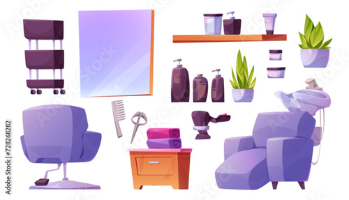 Hair beauty salon interior furniture, equipment and decoration set. Haircut studio stylist professional workplace facilities - mirror, chair, armchair and washing sink, dryer and cosmetics on shelf.