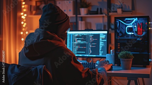 An unidentified hacker wearing a hoodie is seen working intensely on a computer, potentially executing a cybersecurity breach in a darkened room