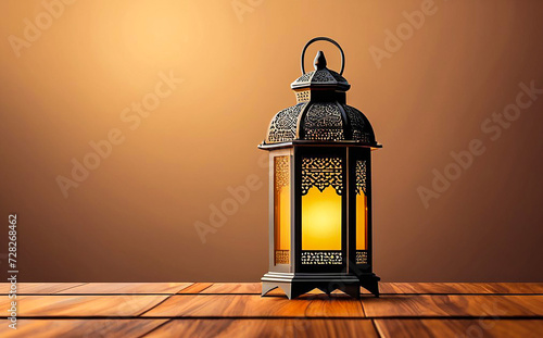 Arabic lantern on wooden table. Ramadan Kareem background. Islamic background. Copy space