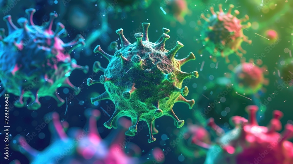 Detailed Close-Up View of Viral Particles in a Colorful Microscopic Simulation Detailed Close-Up View of Viral Particles in a Colorful Microscopic Simulation