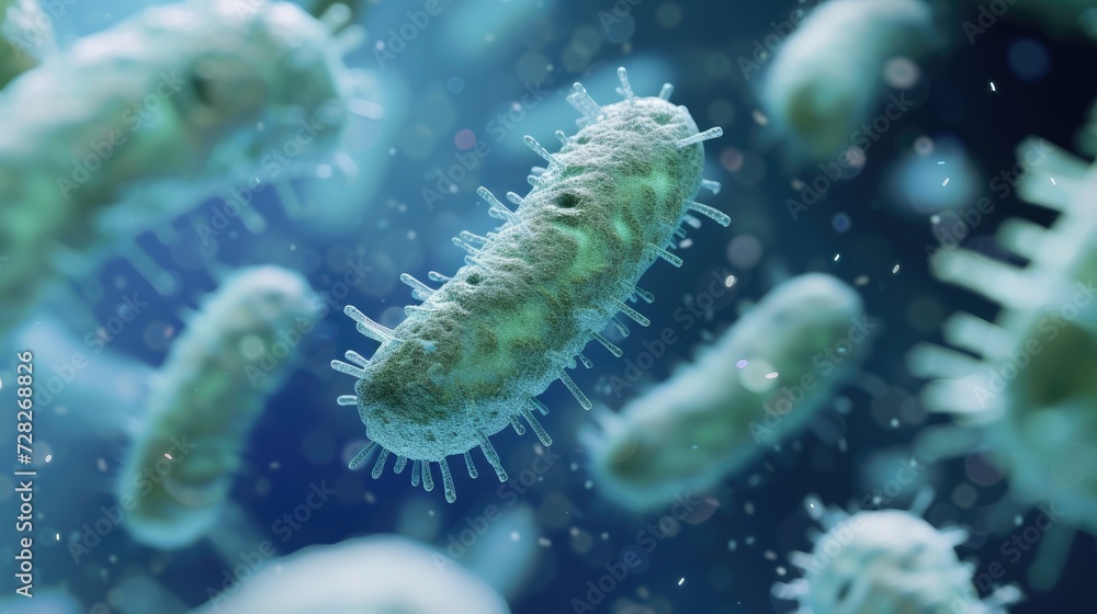 Close-Up View of Bacteria Floating in a Blue Microscopic Environmen Close-Up View of Bacteria Floating in a Blue Microscopic Environmen