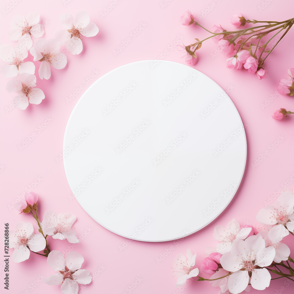 Top view photo of white circle with flowers isolated on pastel pink background with copy space. Women's day concept