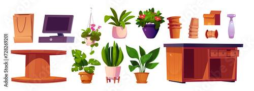 Flower shop interior furniture, equipment and plants set. Green vegetation in pot, empty baskets, wooden displaying stand and working table, cashier with monitor. Florist and garden store inside items