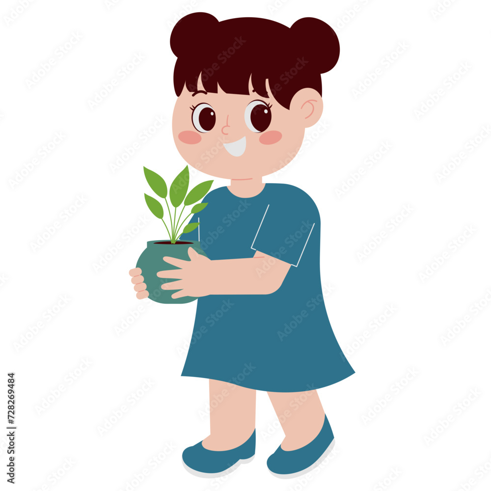 A Girl Holding A Potted Plant Illustration A Girl Holding A Potted Plant Illustration