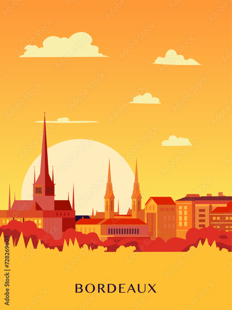 Obraz premium Bordeaux retro city poster with abstract shapes of skyline, buildings. Vintage France, Gironde department town travel vector illustration