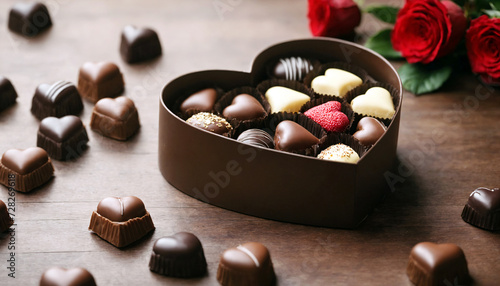 Elegant heart-shaped box of mixed assorted chocolates with chocolate, milk, caramel, bitter. Perfect gift for Valentine's Day