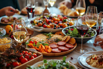 Full table of delicious Dinner party table European foods and drinks from top view, Happy dining time, buffet food dishes background.