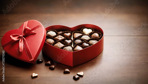 Elegant heart-shaped box of mixed assorted chocolates with chocolate, milk, caramel, bitter. Perfect gift for Valentine's Day
