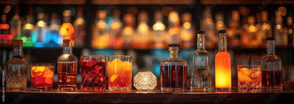 Artistic Array of Liquor and Cocktails on Bar , Banner