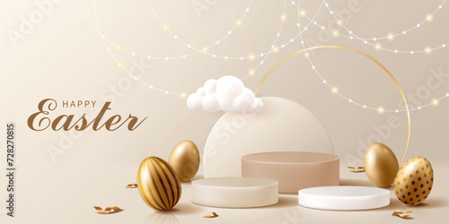 Happy Easter banner for product demonstration. Beige pedestal or podium with golden eggs and confetti on beige background.