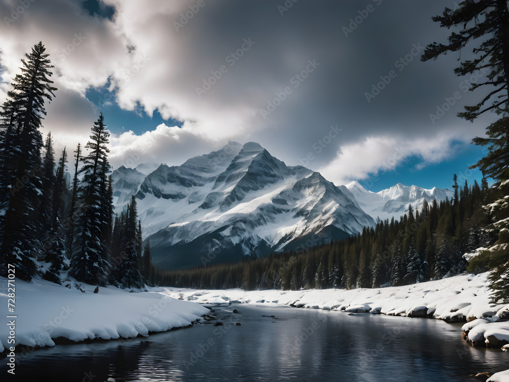 Winter morning serenity at Canada's Banff National Park: A breathtaking view of a frozen lake nestled amidst majestic mountains, adorned with snow-covered trees, reflecting the tranquil beauty of natu Winter morning serenity at Canada's Banff National Park: A breathtaking view of a frozen lake nestled amidst majestic mountains, adorned with snow-covered trees, reflecting the tranquil beauty of natu