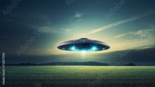 Fototapeta Naklejka Na Ścianę i Meble -  UFO, an alien plate hovering over the field, hovering motionless in the air. Unidentified flying object, alien invasion, extraterrestrial life, space travel, humanoid spaceship mixed medium