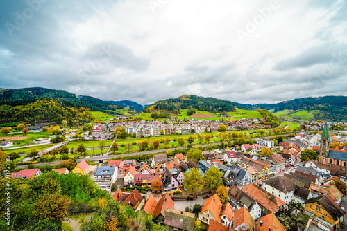 View of the town of Hausach from Husen Castle near Hausach. Landscape with a village in the Black Forest in the Kinzig valley.
 photo