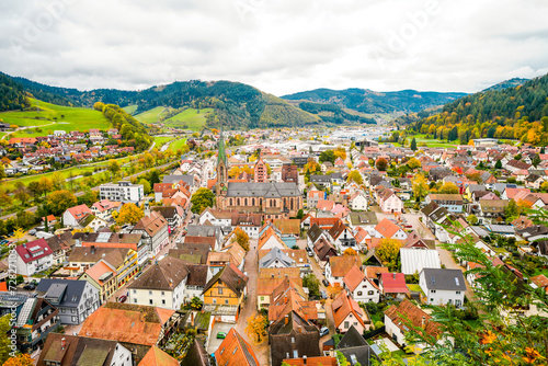 View of the town of Hausach from Husen Castle near Hausach. Landscape with a village in the Black Forest in the Kinzig valley. 