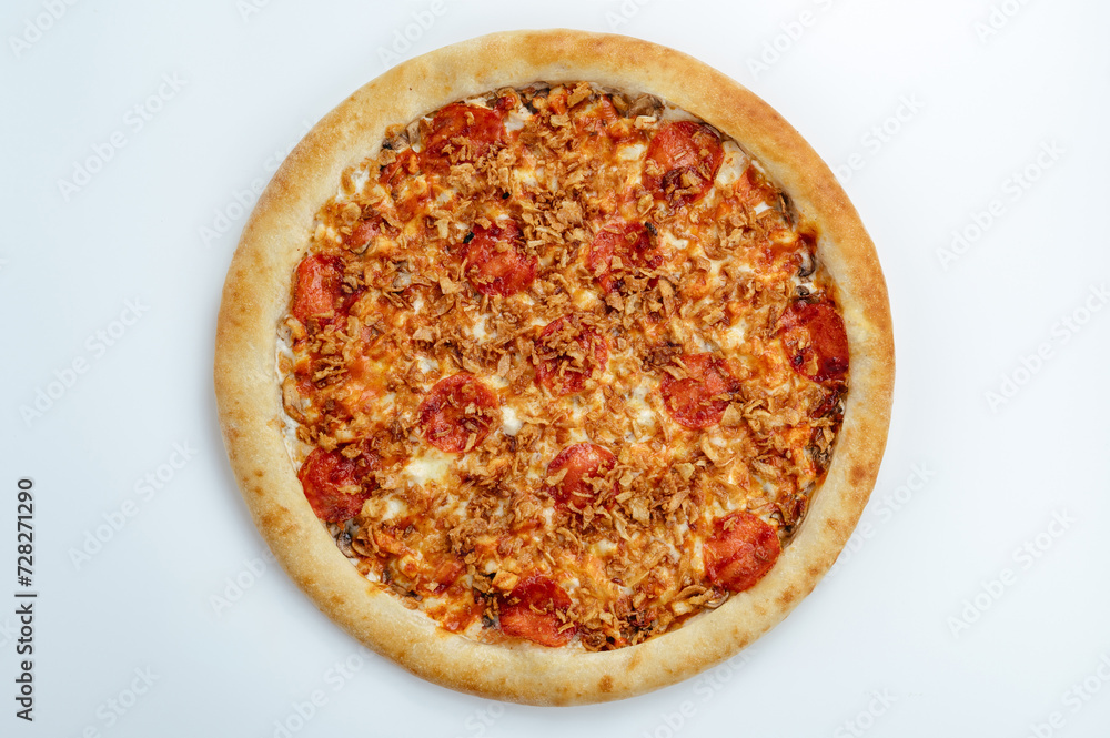 pizza with pepperoni sausage and crispy onion pizza with pepperoni sausage and crispy onion
