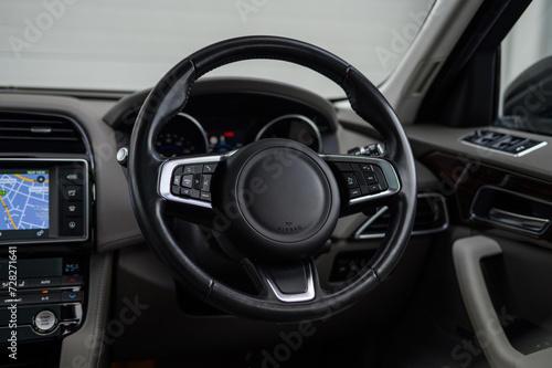 Luxury modern leather steering wheel in a car