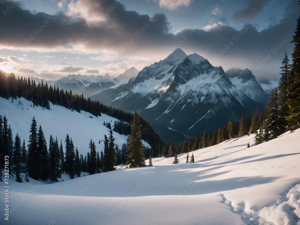 Fototapeta premium Winter morning serenity at Canada's Banff National Park: A breathtaking view of a frozen lake nestled amidst majestic mountains, adorned with snow-covered trees, reflecting the tranquil beauty of natu