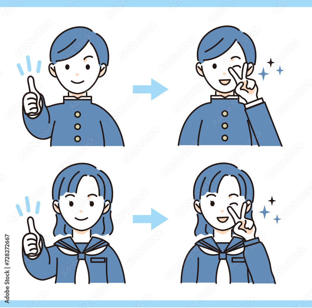 了解する男女学生・ピースする男女学生 セット