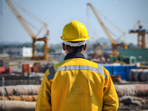  porttrait view of awearing safety jackets in the harbour as worker