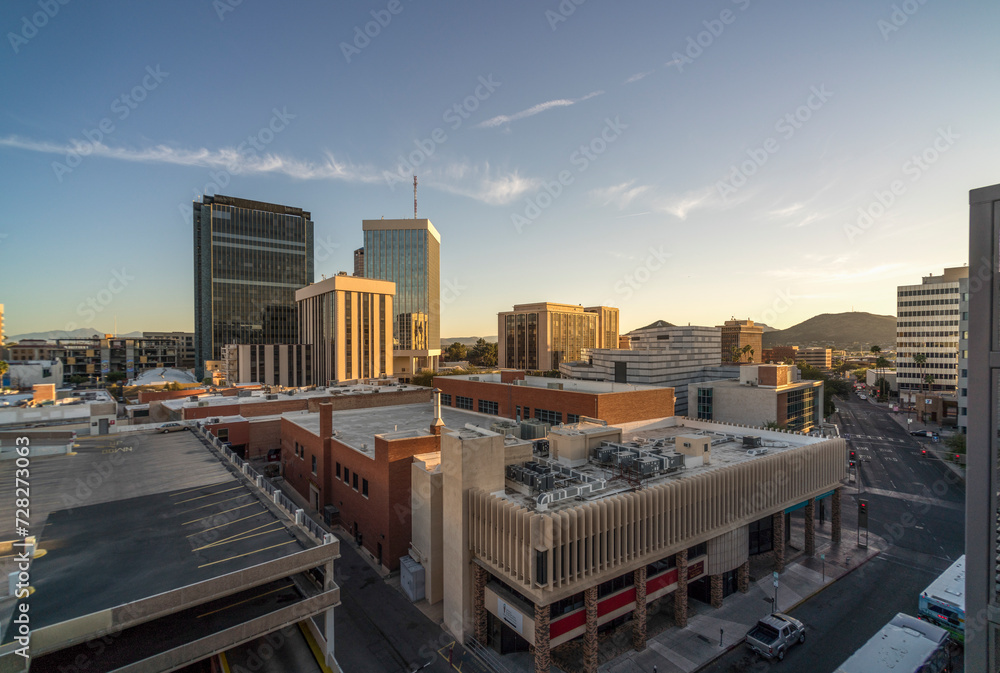 Downtown Tucson, Arizona skyline at sunset