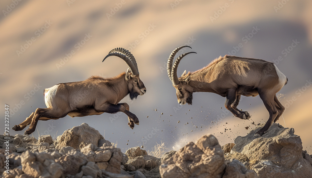 Two antelopes are engaged in a dynamic clash on rocky terrain, their horns locked in a show of strength and dominance as dust flies around them - obrazy, fototapety, plakaty 