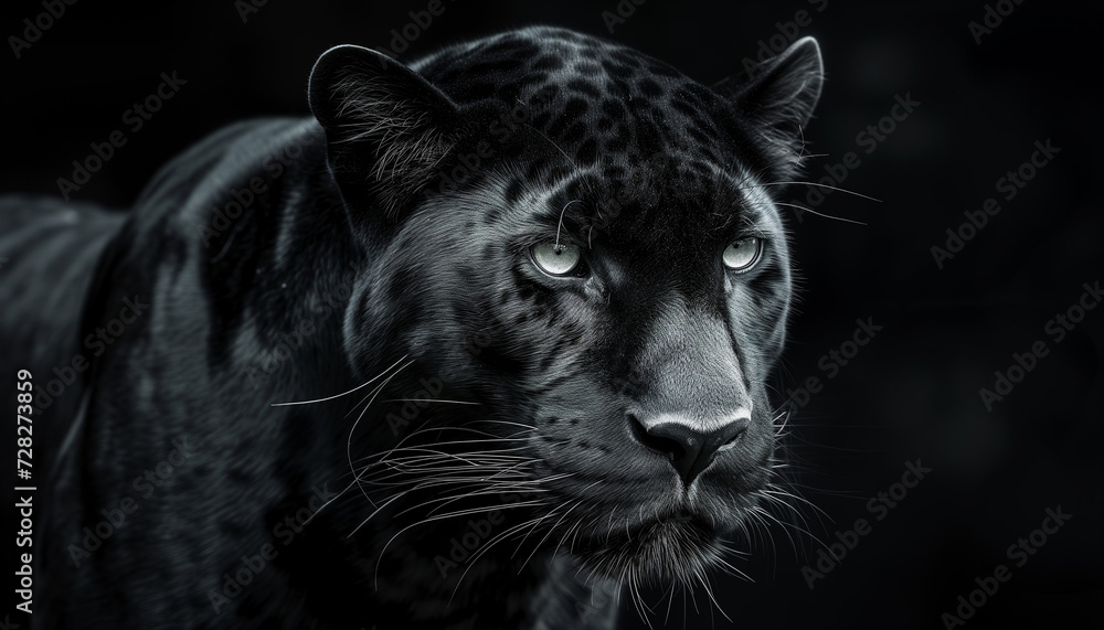 A close-up portrait of a black panther with an intense gaze, highlighting its piercing eyes and detailed fur, exuding a sense of power and mystery