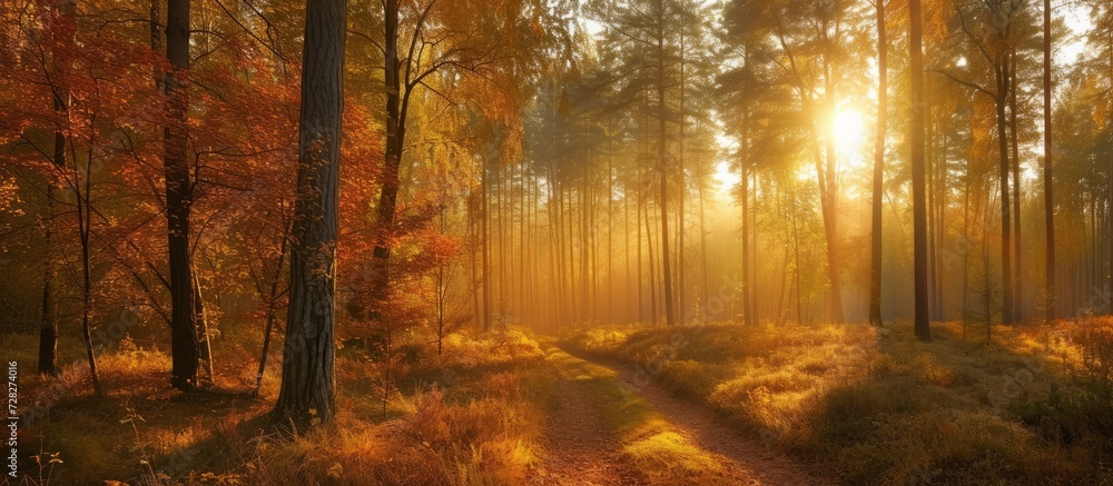 Quiet Autumn Forest Landscape at Sunset: Tranquil Beauty in the Serene Autumn Forest Setting