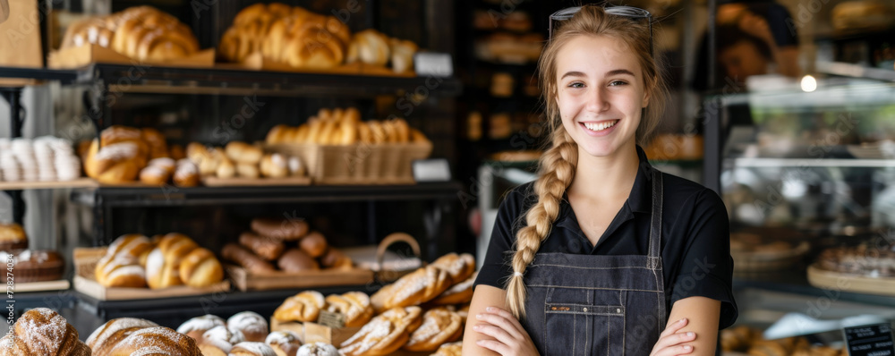 Startup small business owner female baker entrepreneur standing at the counter of bakery and coffee shop. SME entrepreneur seller business concept