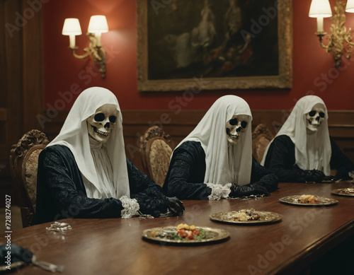 Skeleton Gathering in Candlelit Room depicts skeletons in black robes at a long dining table, their faces obscured, creating an eerie atmosphere. AI Generated