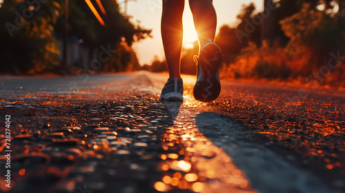 Woman's running feet with the warm sunlight. Sporty woman running on road at sunset. Jogging concept outdoors. Woman running for exercise. Fitness and workout wellness concept.