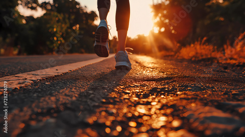 Woman's running feet with the warm sunlight. Sporty woman running on road at sunset. Jogging concept outdoors. Woman running for exercise. Fitness and workout wellness concept. © idcreative.ddid