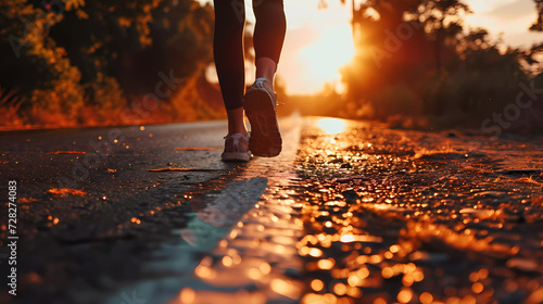 Woman feet running outdoor with the warm sunlight closeup portrait. Sporty woman running on road at sunset. Jogging outdoors. Sports healthy lifestyle concept. Fitness and workout wellness concept. 