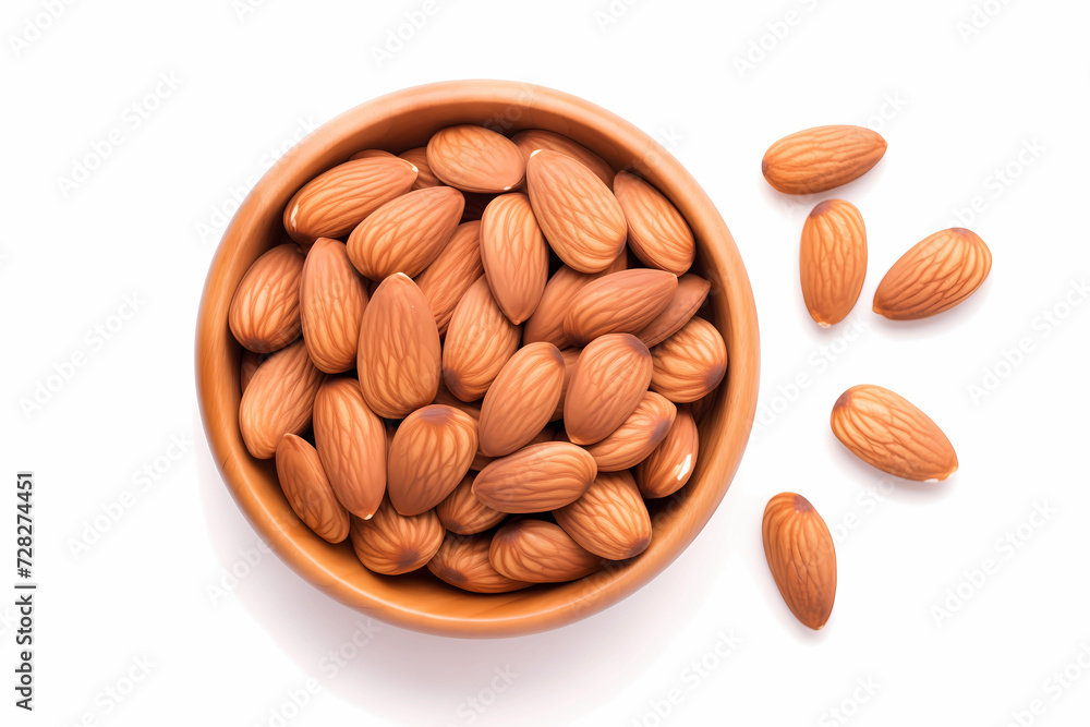 Top view closeup photo of roasted almond seeds in wooden bowl with some seeds spilled isolated on white background. Healthy foods and snacks. Top view closeup photo of roasted almond seeds in wooden bowl with some seeds spilled isolated on white background. Healthy foods and snacks.