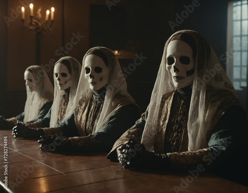 Mysterious Council of Skeletons depicts an eerie gathering of skeletons in a dimly lit room. AI Generated photo