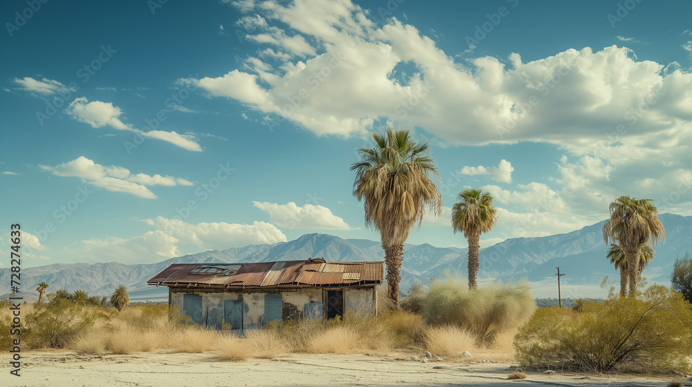 Deserted shack with palm trees in desert. Deserted shack with palm trees in desert.