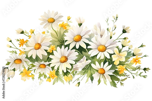 Watercolor Daisy Flowers Corner Border Chamomile Bouquet, Wildflowers for Wedding Invitations and Greeting Cards