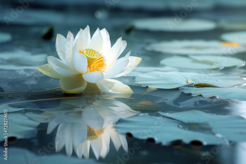 A Single Lotus in a Serene Pond: The Beauty of the Flower Reflected on the Water Surface, Accompanied by the Expanse of Lotus Leaves Below, Creating a Tranquil and Elegant Atmosphere.