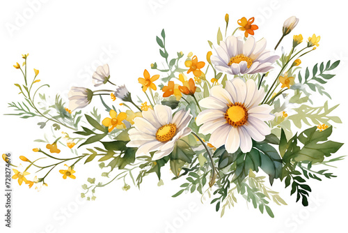 Watercolor Daisy Flowers Corner Border  Chamomile Bouquet  Wildflowers for Wedding Invitations and Greeting Cards