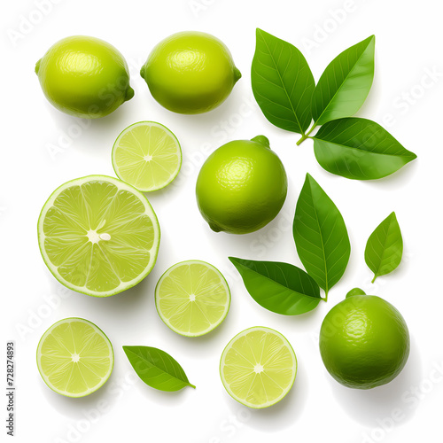Top view of whole lime fruits, slices, and green leaves isolated on white background. piece isolate on white. Flat lay.