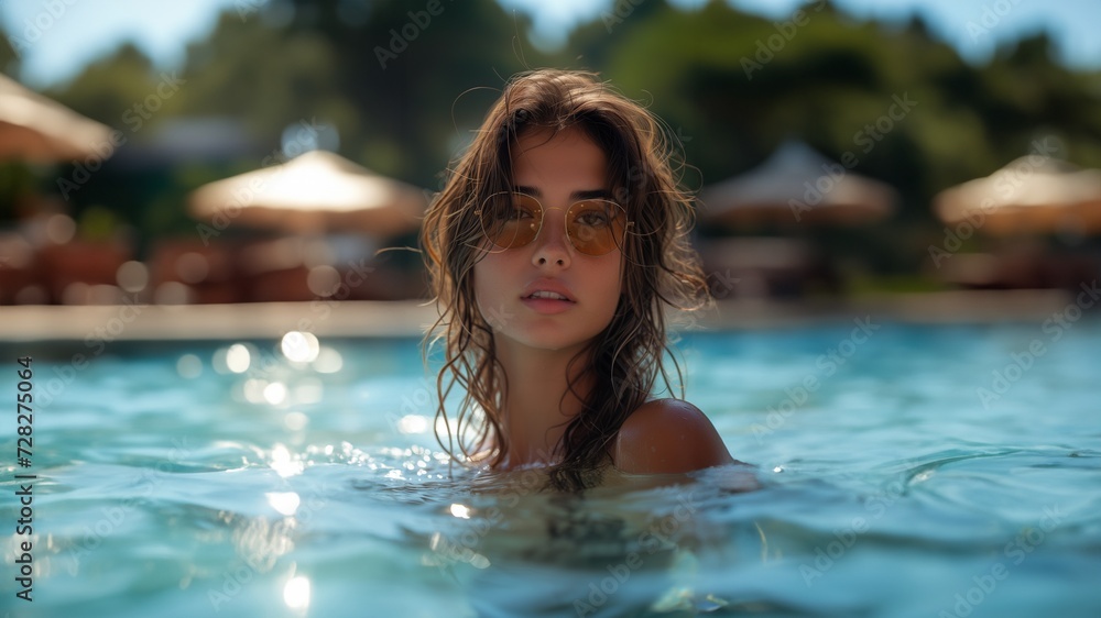 Wunderschönen Frau mit langen Haaren im Bikini im Swimmingpool am Meer, ai generativ