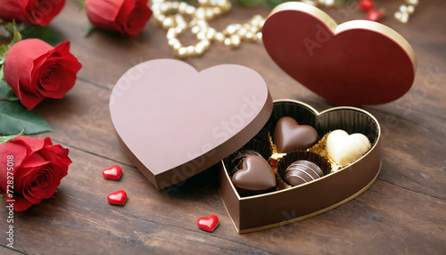 Elegant heart-shaped box of mixed assorted chocolates with chocolate, milk, caramel, bitter. Perfect gift for Valentine's Day © CreativeStock