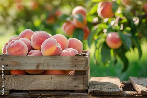 harvest of peaches in a wooden box against the background of a peach garden